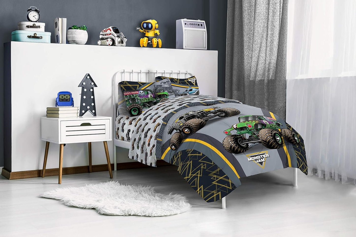 Monster Jam MJ Life 4 Piece Twin Bed Set-Includes Reversible Comforter&Sheet Set-Bedding Features Grave Digger, Max-D, Megalodon-Super Soft Microfiber-(Official Monster Jam Product)