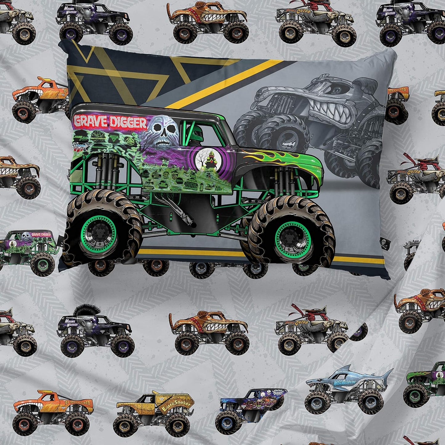 Monster Jam MJ Life 4 Piece Twin Bed Set-Includes Reversible Comforter&Sheet Set-Bedding Features Grave Digger, Max-D, Megalodon-Super Soft Microfiber-(Official Monster Jam Product)