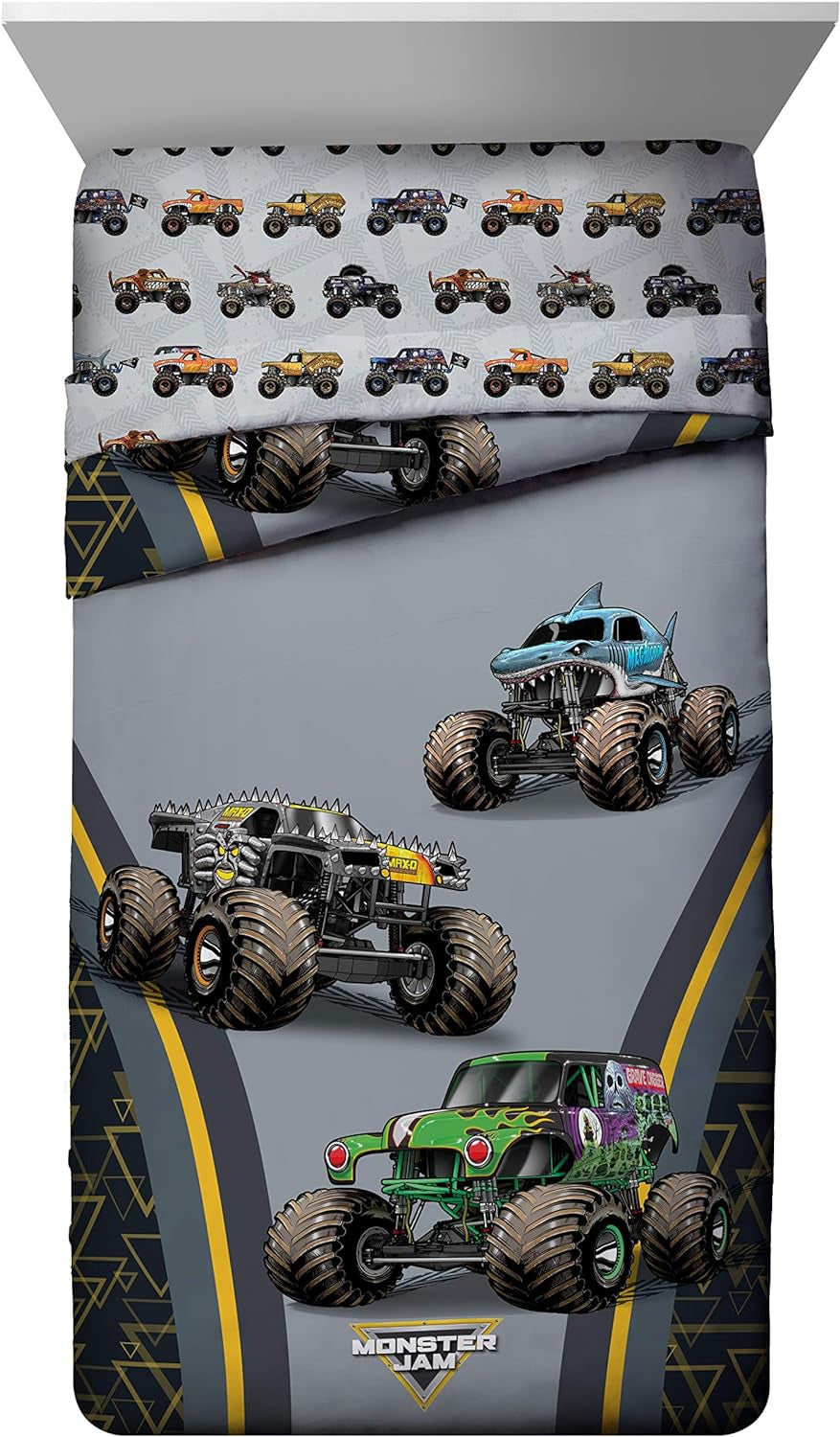 Monster Jam MJ Life 4 Piece Twin Bed Set-Includes Reversible Comforter&Sheet Set-Bedding Features Grave Digger, Max-D, Megalodon-Super Soft Microfiber-(Official Monster Jam Product)