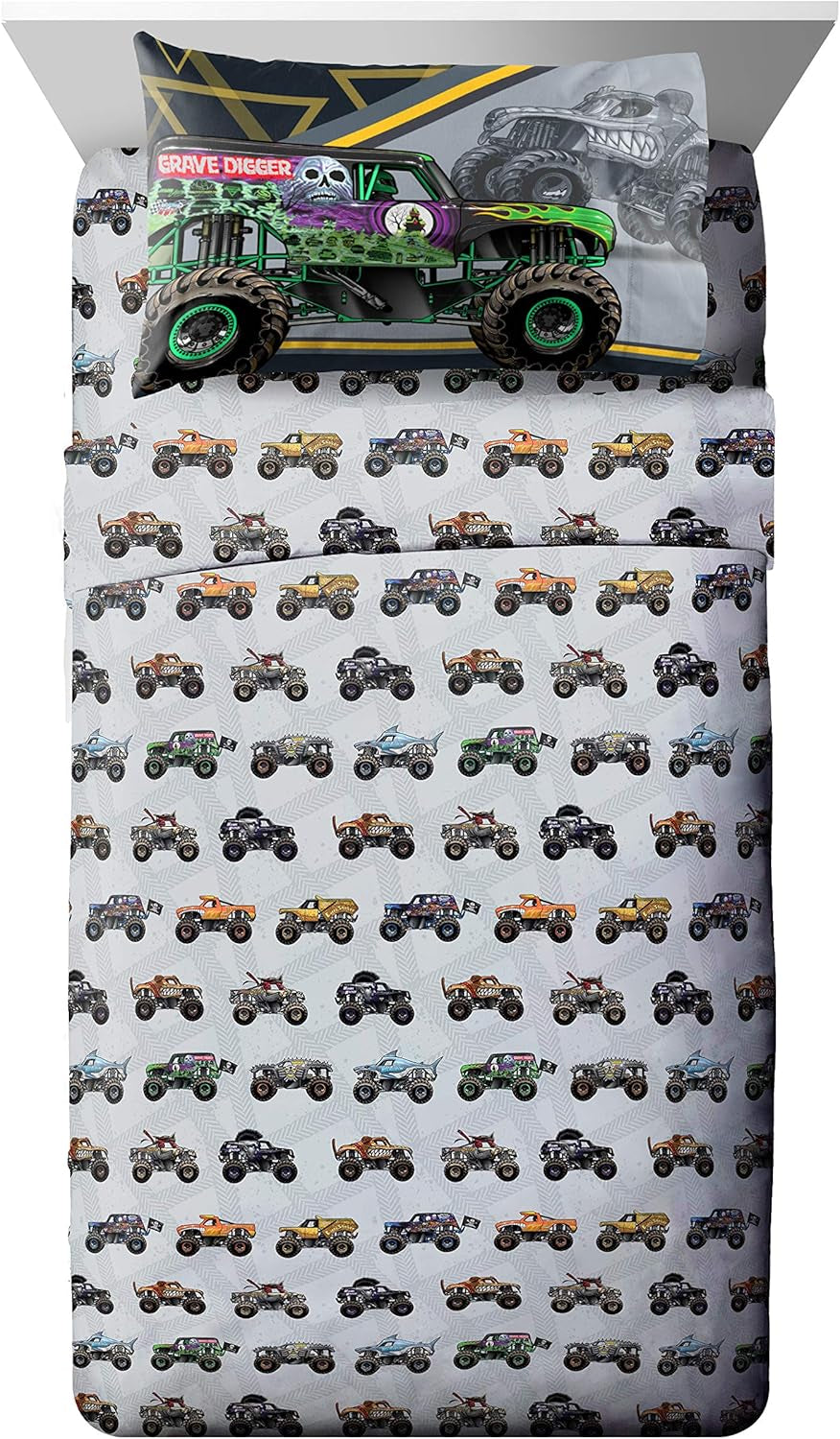 Monster Jam MJ Life 4 Piece Twin Bed Set-Includes Reversible Comforter&Sheet Set-Bedding Features Grave Digger, Max-D, Megalodon-Super Soft Microfiber-(Official Monster Jam Product)