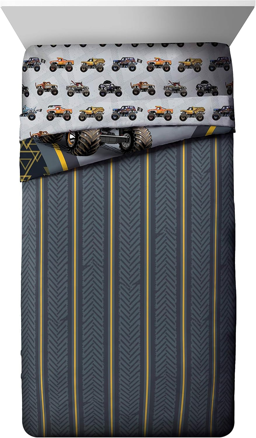 Monster Jam MJ Life 4 Piece Twin Bed Set-Includes Reversible Comforter&Sheet Set-Bedding Features Grave Digger, Max-D, Megalodon-Super Soft Microfiber-(Official Monster Jam Product)