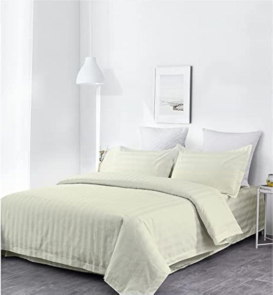 , Luxury Super Soft 100% Cotton Duvet Cover Pillowcases Fitted Sheet Set, Stripe, Full, Ivory