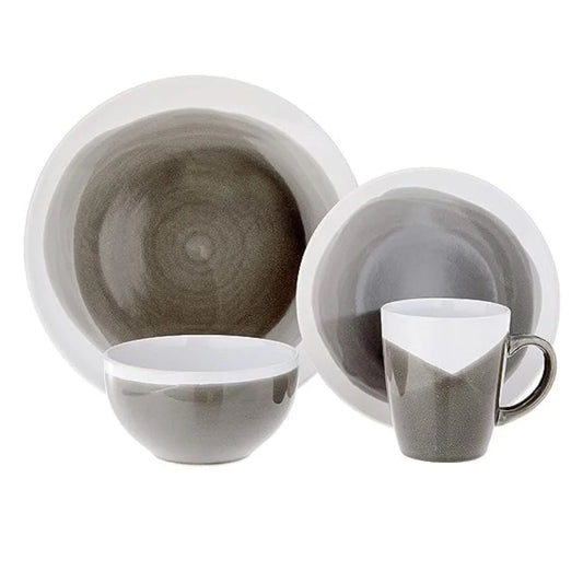 , Charcoal and White, Round, Stoneware Dinnerware Set, 16-Piece